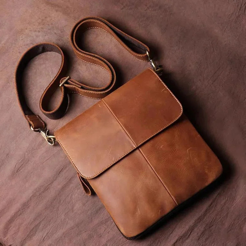 Expandable Men's Shoulder Genuine Leather Casual Man Phone Retro Brown New Luxury Design Crossbody Bag