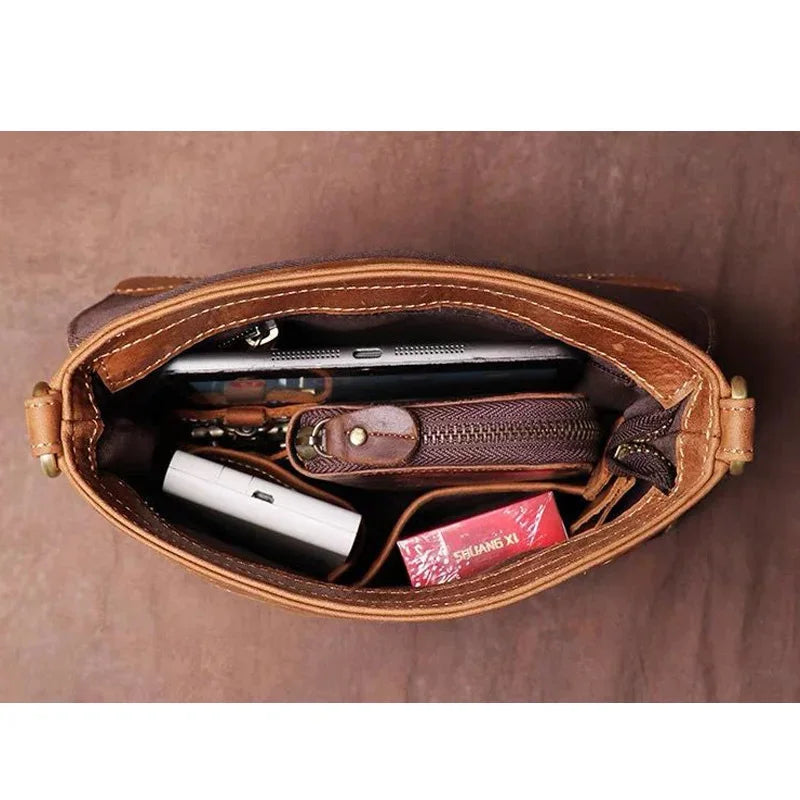Expandable Men's Shoulder Genuine Leather Casual Man Phone Retro Brown New Luxury Design Crossbody Bag
