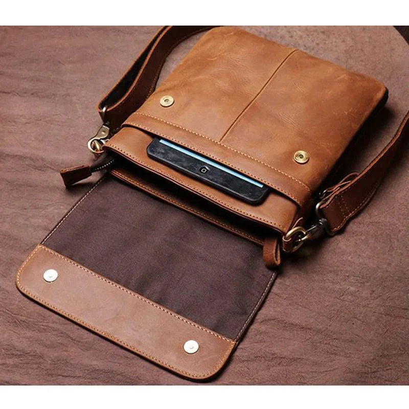 Expandable Men's Shoulder Genuine Leather Casual Man Phone Retro Brown New Luxury Design Crossbody Bag