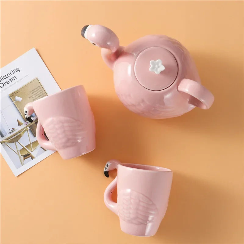 Exquisite 3D Flamingos Coffeware Sets Kung Fu Tea Set Chinese Tea Cup Ceramic Cups and Mugs Teapot Gaiwan Shu Puer Kettles Pot