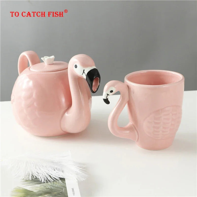 Exquisite 3D Flamingos Coffeware Sets Kung Fu Tea Set Chinese Tea Cup Ceramic Cups and Mugs Teapot Gaiwan Shu Puer Kettles Pot