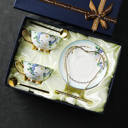 Exquisite Ceramic Bone Porcelain Coffee Cup European Small Luxury Violet Print Coffee Cup and Plate Set