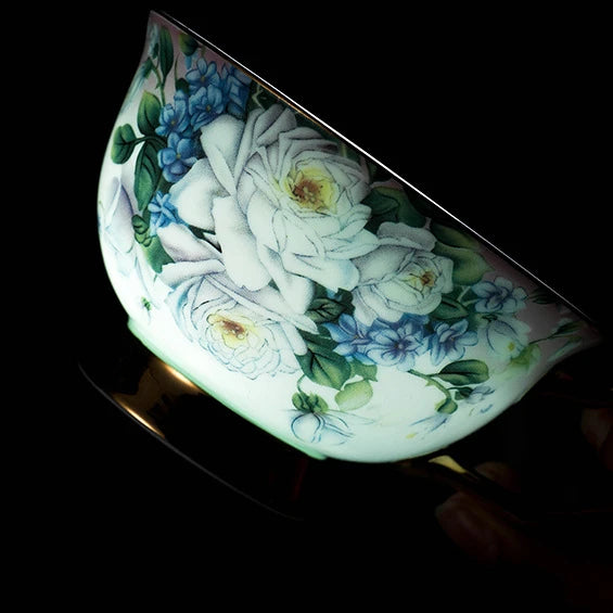 Exquisite Ceramic Bone Porcelain Coffee Cup European Small Luxury Violet Print Coffee Cup and Plate Set