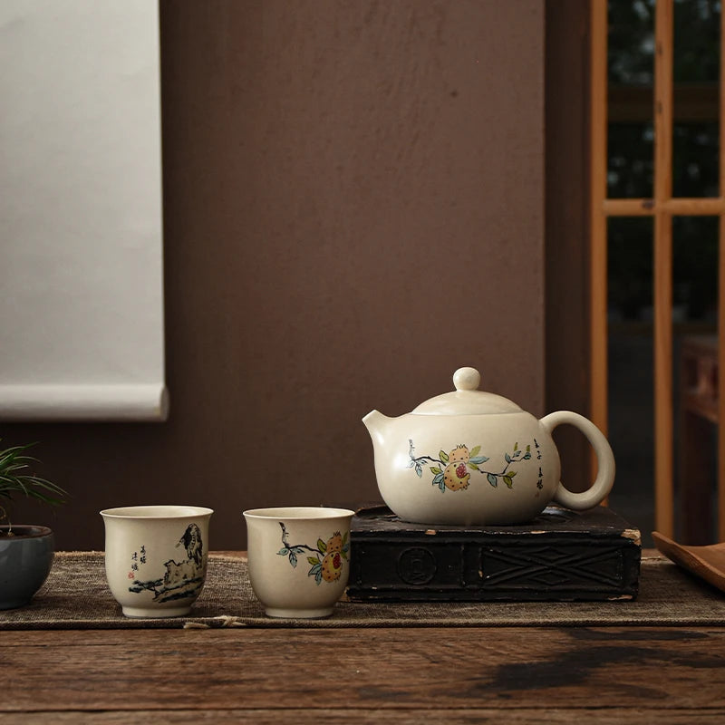 Exquisite Ceramic Teapot Hand-painted Lotus Xishi Tea Pot Ball Hole Filter Beauty Tea Infuser Traditional Tea Ceremony Supplies
