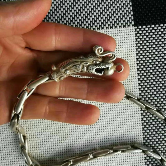 Exquisite China Old National Style Tibet Silver Handwork Loong Head Amulet Auspicious Necklace Statue