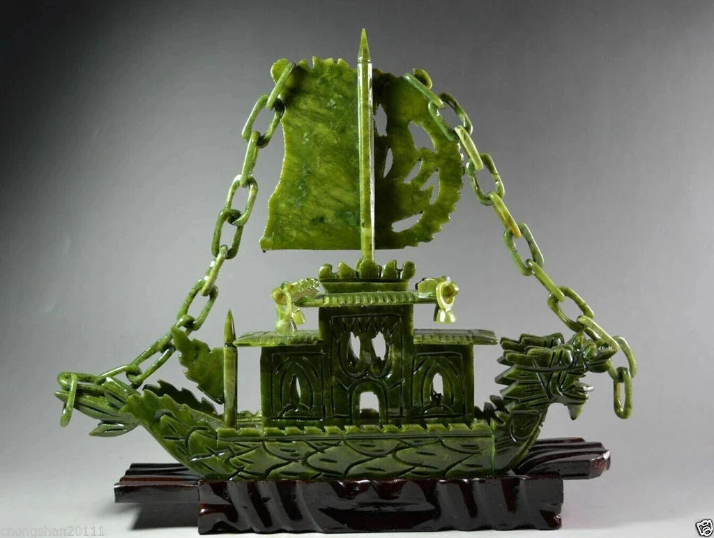 Exquisite Chinese 100%Natural Jade Hand Carved Dragon Incense statue Dragon Ship