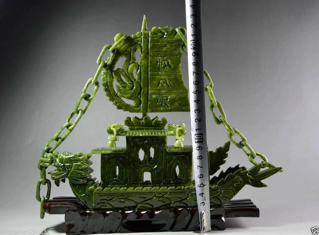 Exquisite Chinese 100%Natural Jade Hand Carved Dragon Incense statue Dragon Ship