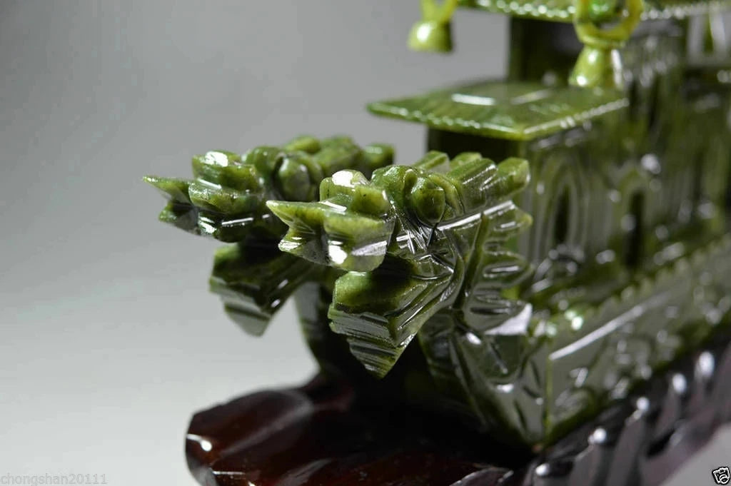Exquisite Chinese 100%Natural Jade Hand Carved Dragon Incense statue Dragon Ship
