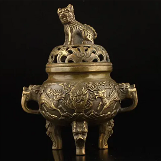 Exquisite Chinese Collection Old Copper Handwork Dragon Lion Statue Incense Burner