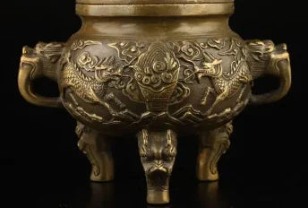 Exquisite Chinese Collection Old Copper Handwork Dragon Lion Statue Incense Burner