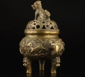 Exquisite Chinese Collection Old Copper Handwork Dragon Lion Statue Incense Burner