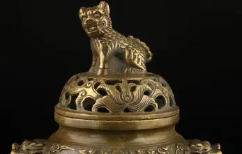Exquisite Chinese Collection Old Copper Handwork Dragon Lion Statue Incense Burner