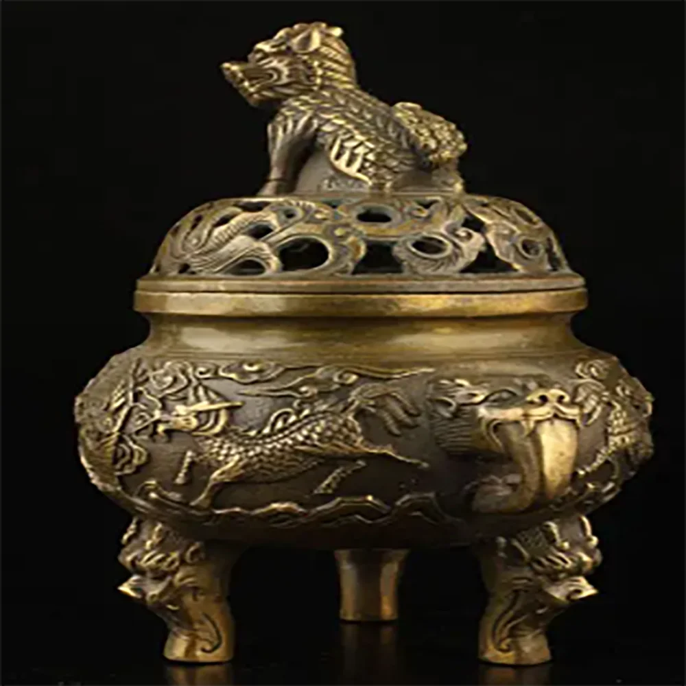 Exquisite Chinese Collection Old Copper Handwork Dragon Lion Statue Incense Burner