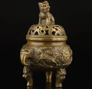 Exquisite Chinese Collection Old Copper Handwork Dragon Lion Statue Incense Burner