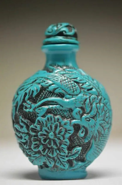 Exquisite Chinese Resin Hand-carved Dragon Phoenix Fish Flower Blue Snuff Bottle
