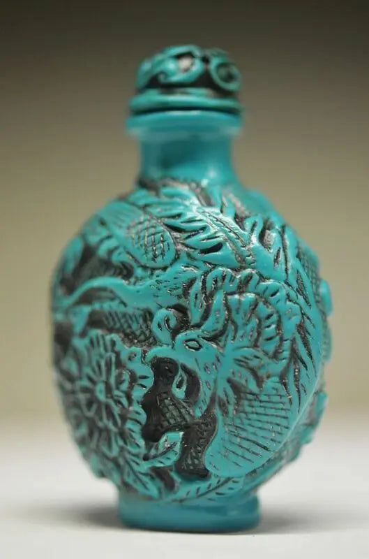 Exquisite Chinese Resin Hand-carved Dragon Phoenix Fish Flower Blue Snuff Bottle