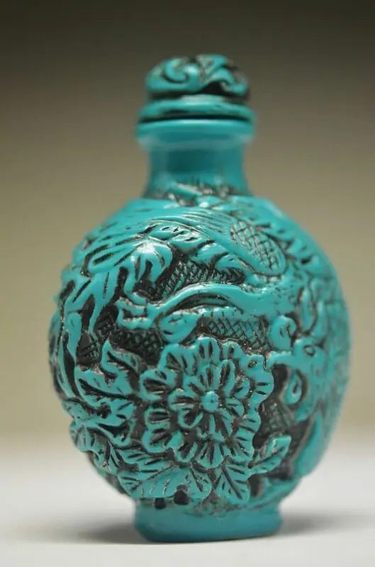 Exquisite Chinese Resin Hand-carved Dragon Phoenix Fish Flower Blue Snuff Bottle