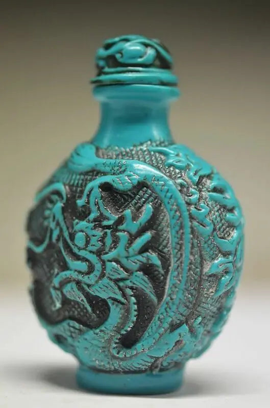 Exquisite Chinese Resin Hand-carved Dragon Phoenix Fish Flower Blue Snuff Bottle