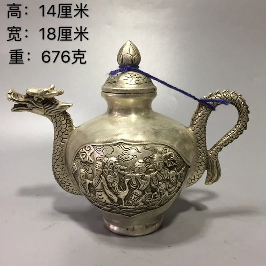 Exquisite Chinese copper silvering Handmade Dragon head Teapot wine pot
