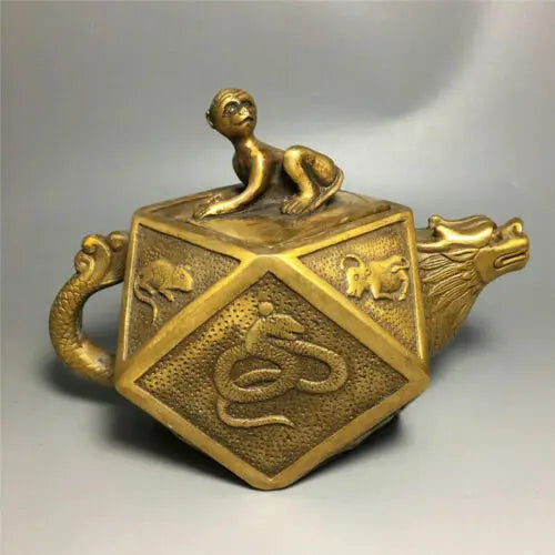 Exquisite Chinese pure brass Handmade Zodiac animal pattern Teapot wine pot