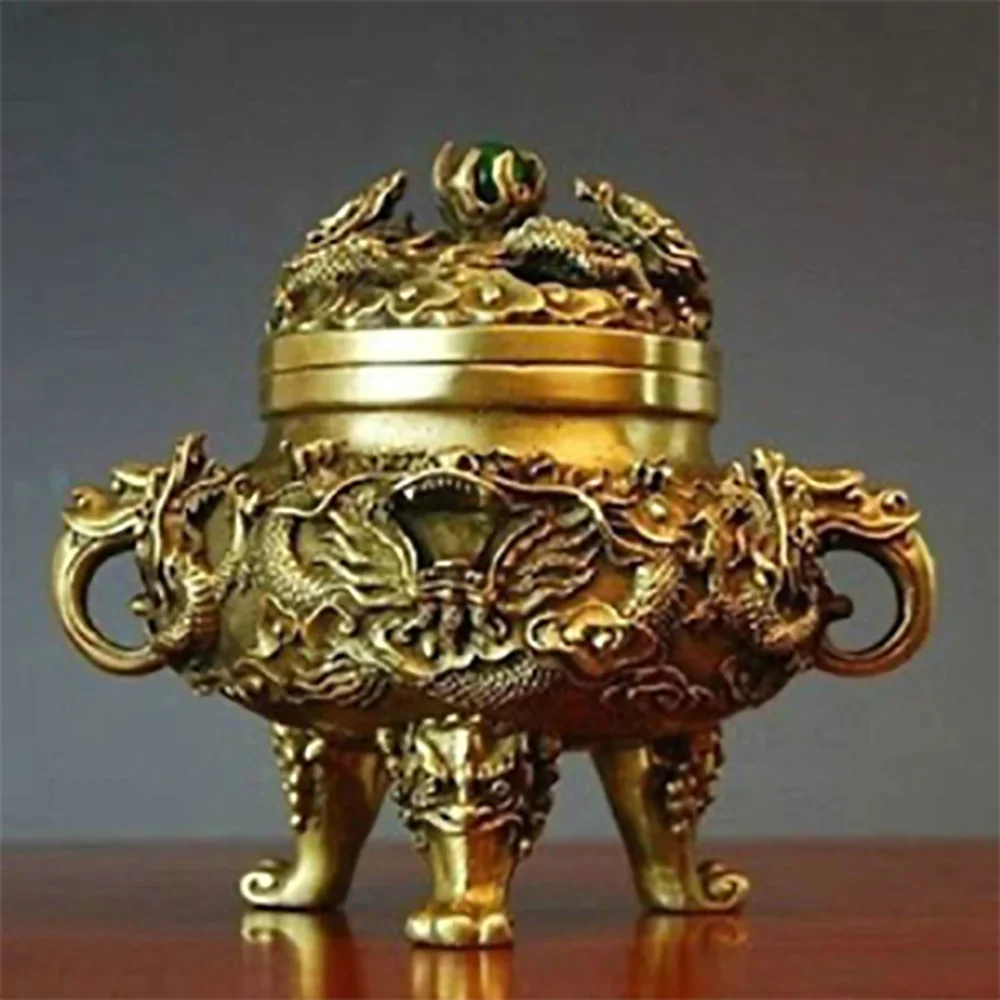 Exquisite Collectible Chinese Brass Dragons Incense Burner