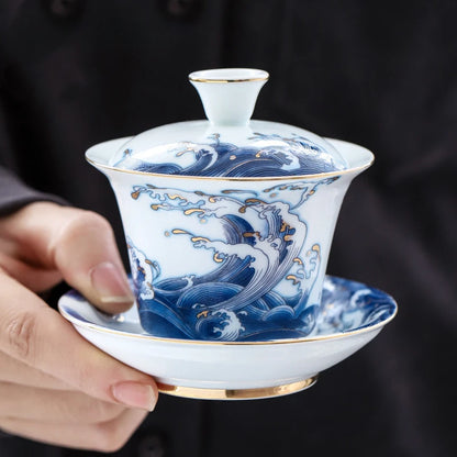 Exquisite Enamel Ceramics Gaiwan Outline In Gold White Porcelain Tea Tureen Teacup Household Tea Set Chinese Cover Bowl