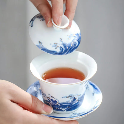 Exquisite Enamel Ceramics Gaiwan Outline In Gold White Porcelain Tea Tureen Teacup Household Tea Set Chinese Cover Bowl