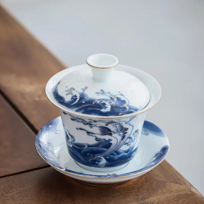 Exquisite Enamel Ceramics Gaiwan Outline In Gold White Porcelain Tea Tureen Teacup Household Tea Set Chinese Cover Bowl
