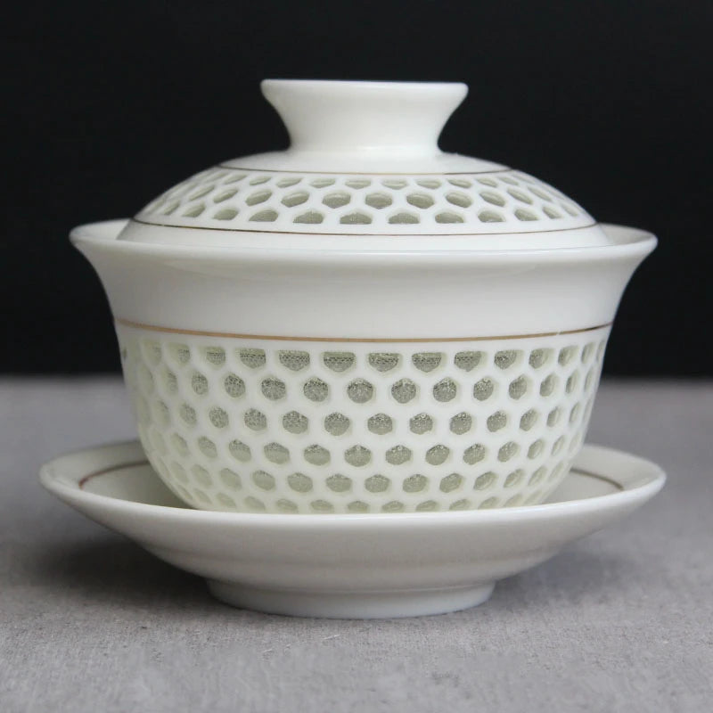 Exquisite Hollow Cover Bowl, Blue and White Porcelain Tea Bowl, Teacup White Ceramic, Sancai Gaiwan, Hand Holding Pot, 150ml