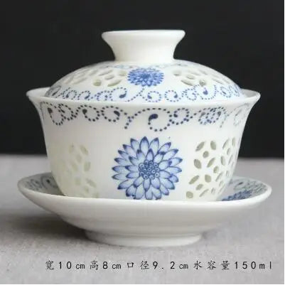 Exquisite Hollow Cover Bowl, Blue and White Porcelain Tea Bowl, Teacup White Ceramic, Sancai Gaiwan, Hand Holding Pot, 150ml