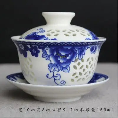 Exquisite Hollow Cover Bowl, Blue and White Porcelain Tea Bowl, Teacup White Ceramic, Sancai Gaiwan, Hand Holding Pot, 150ml