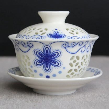 Exquisite Hollow Cover Bowl, Blue and White Porcelain Tea Bowl, Teacup White Ceramic, Sancai Gaiwan, Hand Holding Pot, 150ml