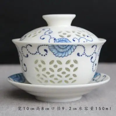 Exquisite Hollow Cover Bowl, Blue and White Porcelain Tea Bowl, Teacup White Ceramic, Sancai Gaiwan, Hand Holding Pot, 150ml