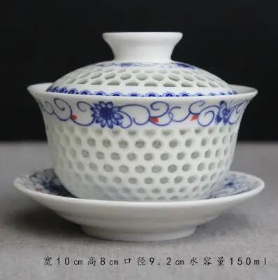 Exquisite Hollow Cover Bowl, Blue and White Porcelain Tea Bowl, Teacup White Ceramic, Sancai Gaiwan, Hand Holding Pot, 150ml