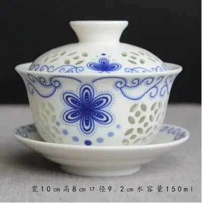 Exquisite Hollow Cover Bowl, Blue and White Porcelain Tea Bowl, Teacup White Ceramic, Sancai Gaiwan, Hand Holding Pot, 150ml