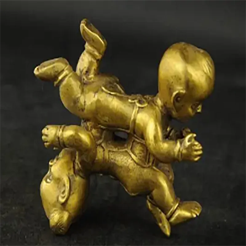 Exquisite Interesting Chinese brass Wealth Double Tongzi Kid Dance Up And Down Statue Sculpture