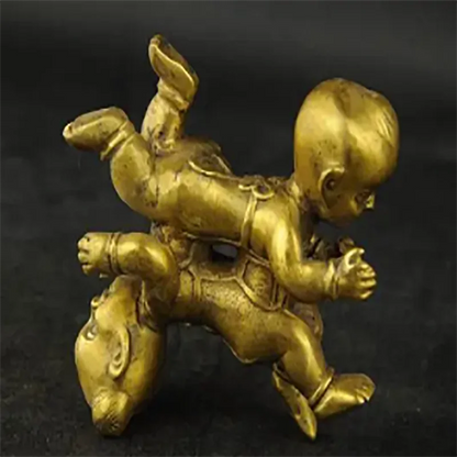 Exquisite Interesting Chinese brass Wealth Double Tongzi Kid Dance Up And Down Statue Sculpture