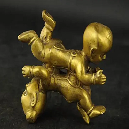 Exquisite Interesting Chinese brass Wealth Double Tongzi Kid Dance Up And Down Statue Sculpture