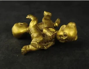 Exquisite Interesting Chinese brass Wealth Double Tongzi Kid Dance Up And Down Statue Sculpture