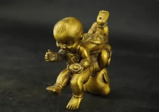 Exquisite Interesting Chinese brass Wealth Double Tongzi Kid Dance Up And Down Statue Sculpture