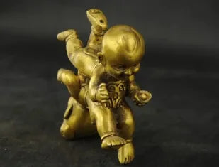 Exquisite Interesting Chinese brass Wealth Double Tongzi Kid Dance Up And Down Statue Sculpture