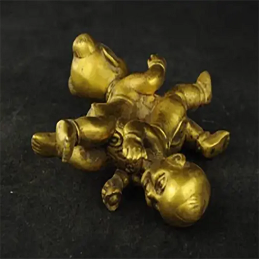 Exquisite Interesting Chinese brass Wealth Double Tongzi Kid Dance Up And Down Statue Sculpture