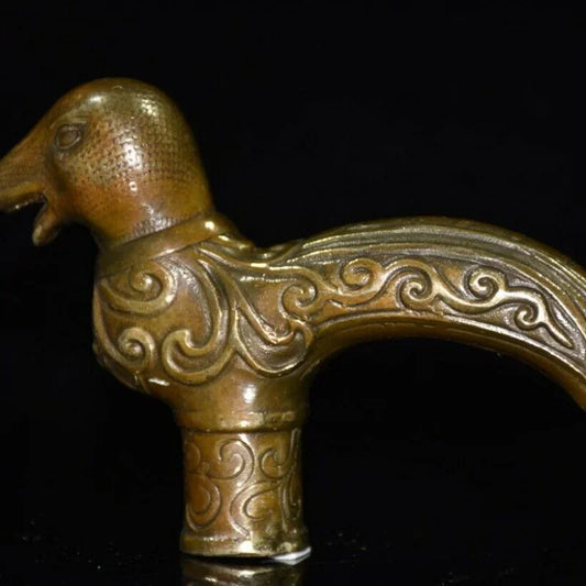 Exquisite Old Chinese Brass Copper Handmade Snake Head Crutch Head Statue 6159
