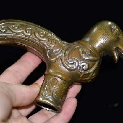 Exquisite Old Chinese Brass Copper Handmade Snake Head Crutch Head Statue 6159