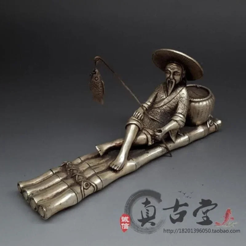 Exquisite antique white copper sculpture Jiang Tai Gong Fishing home decoration