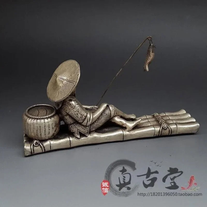 Exquisite antique white copper sculpture Jiang Tai Gong Fishing home decoration