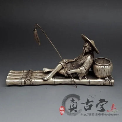 Exquisite antique white copper sculpture Jiang Tai Gong Fishing home decoration