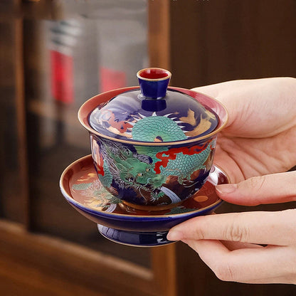 Exquisite ceramic tea bowl with lid, Chinese tea set, high-quality tea brewer, glazed, tricolor covered bowl, gift
