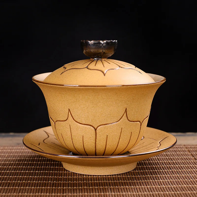 Exquisite ceramic tea bowl with lid, Chinese tea set, high-quality tea brewer, glazed, tricolor covered bowl, gift