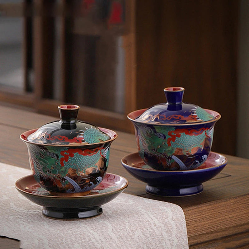 Exquisite ceramic tea bowl with lid, Chinese tea set, high-quality tea brewer, glazed, tricolor covered bowl, gift